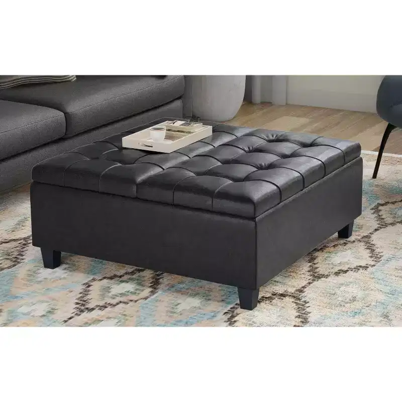 Harrison 36 inch Wide Upholstered Solid Wood Square Storage Ottoman, Distressed Graphite Black