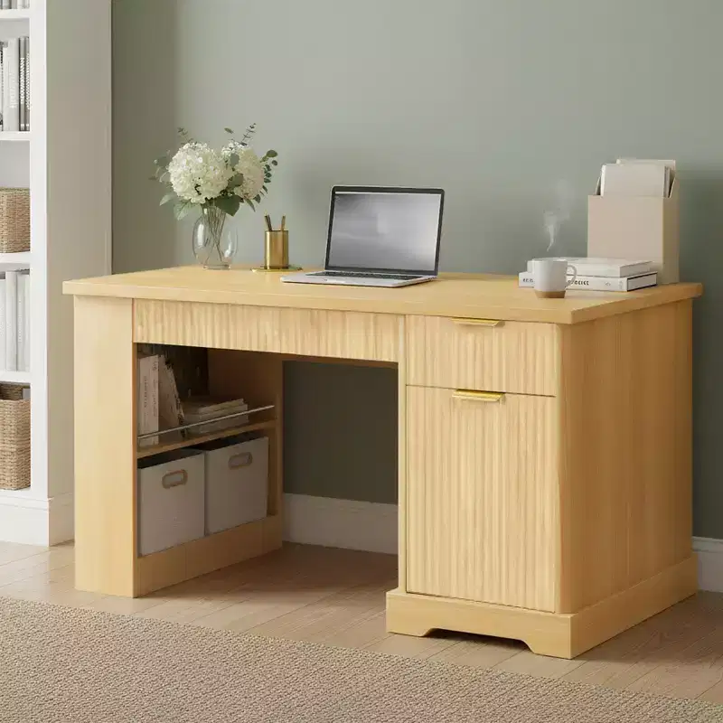 55 Executive Desk with 2 Drawers, Home Office Desk with Power Outlet & Pegboard, Wooden Computer Writing Desk for Living Room, Bedroom