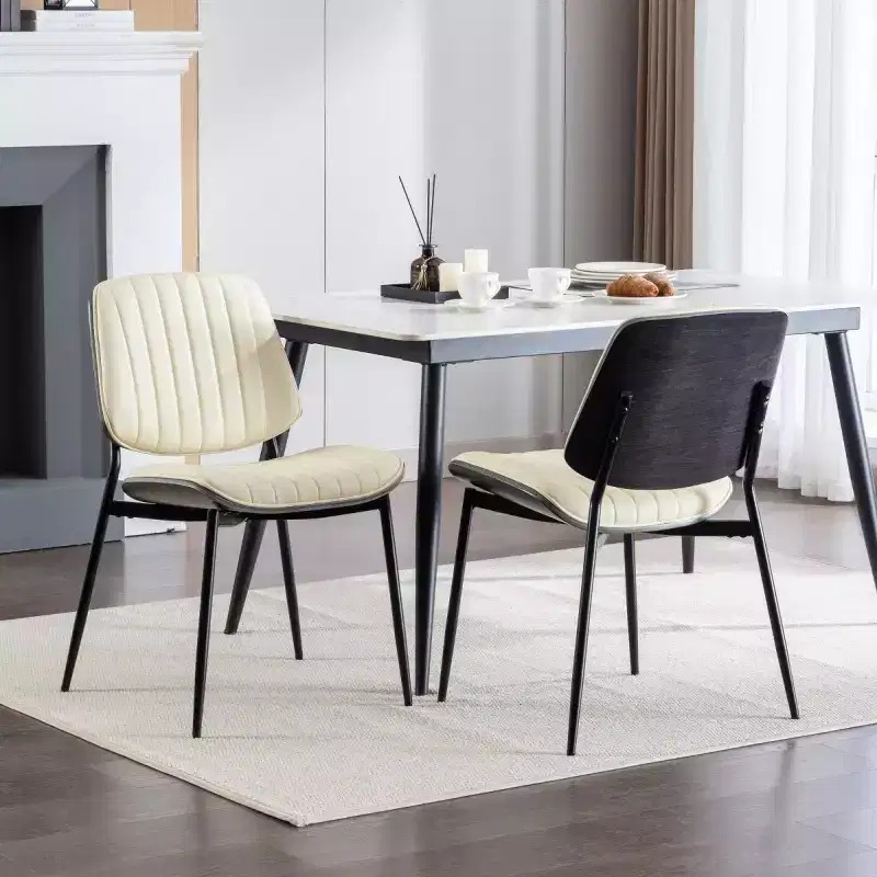 Set of 2 Mid-Century Modern Faux Leather Upholstered Dining Chairs with Curved Backrest, Armless Chairs for Dining Room or Kitchen
