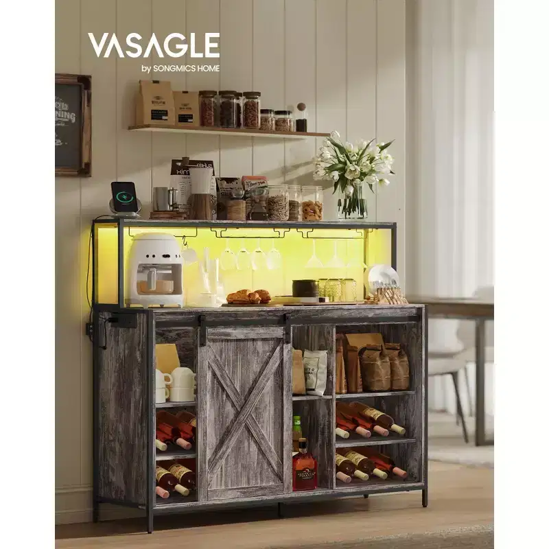 Honey Brown Coffee Bar Cabinet with LED Light, Sliding Barn Doors & Wine Storage, for 1