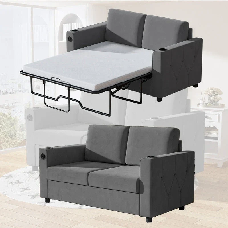 Pull Out Sleeper Sofa Bed with Memory Foam Mattress, Cup Holder & USB Port