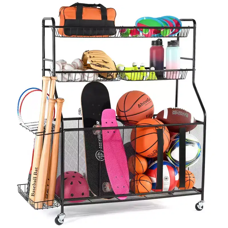 Ball Rack Organizer Holder For Garage - Indoor & Outdoor Large Garage Sports Equipment Organizer With Baskets, Rolling Wheels & Breaks - Homeitusa