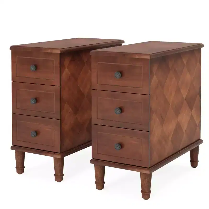 Walnut Wood Nightstand Fully Assembled Narrow Side Table with 3 Drawers