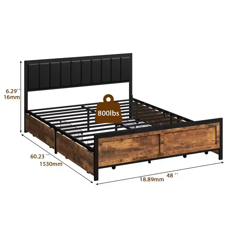 Retro-Style Bed Frame with Leather Headboard, Wheeled Storage Drawers and Noise Reduction Design