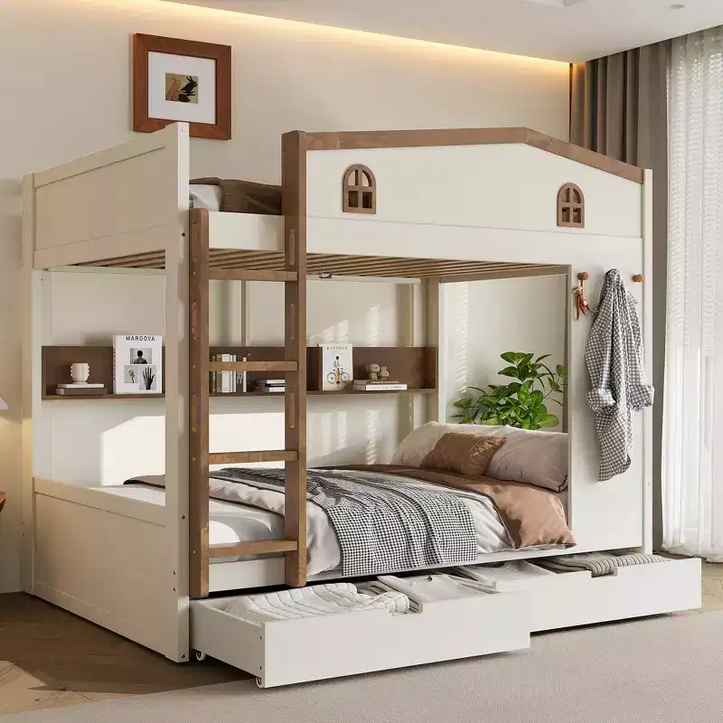 Bellemave Queen over Queen Bunk Bed with Storage Drawers and Shelves, Solid Wood Bunk Bed Frame with Hooks, No Box Spring Needed