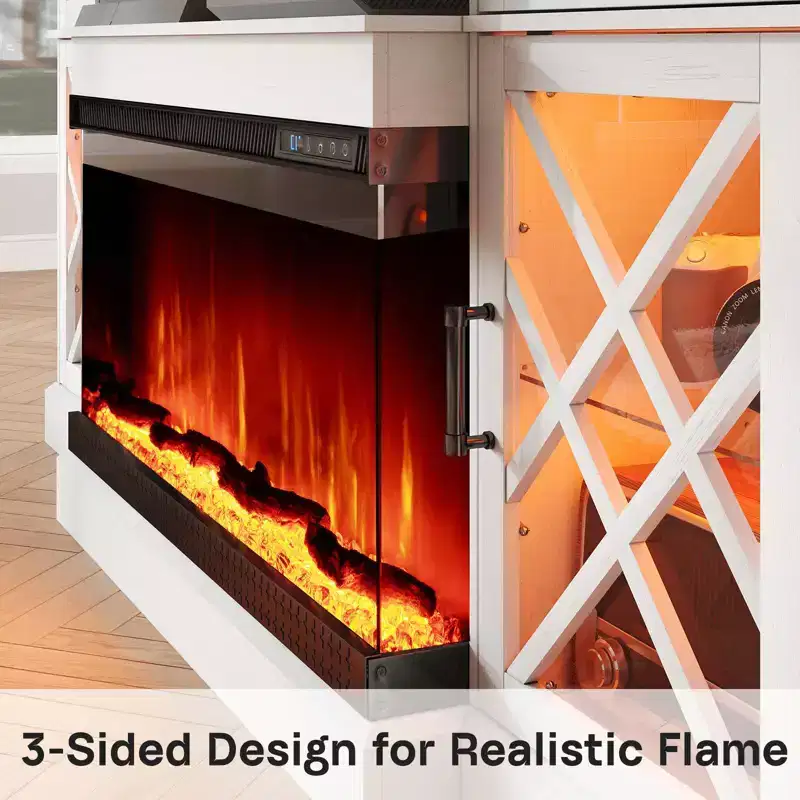 AMERLIFE Farmhouse LED Fireplace TV Stand with 3-Sided Glass Fireplace