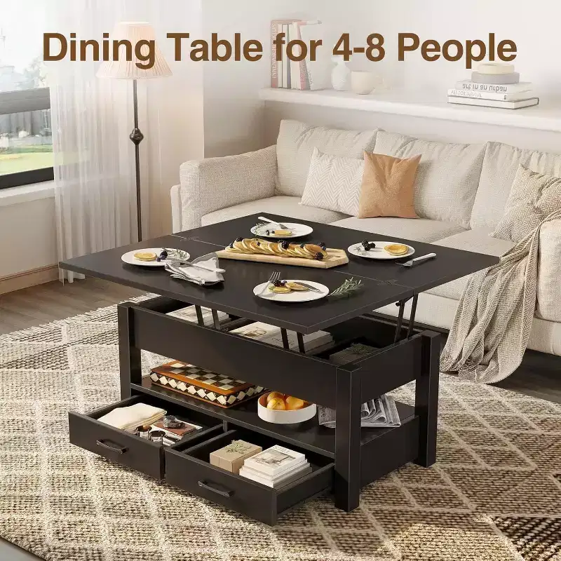39.4in Split Lift-Top Coffee Table with 2 Drawers, Converts to Dining Table, Modern Industrial Center Table for Living Room Office