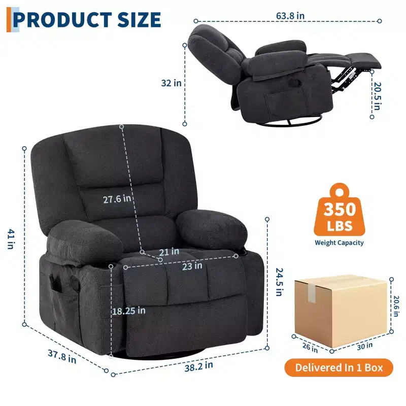 360 Swivel Recliner Chair with Heat & Massage, Manual Rocker Recliner, Cup Holders & Storage Pockets, Chenille/PU Leather for Living Room & Bedroom