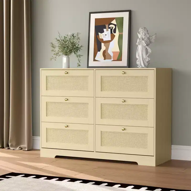 Modern 6-Drawer Rattan Dresser in Natural Oak, Wooden Closet Storage OrganizerBoho Design and Wood Handles
