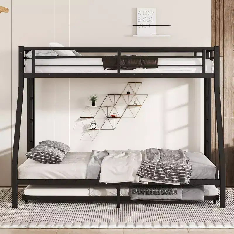 Twin XL Over Queen Metal Bunk Bed with Trundle, Heavy Duty Bed Frame, Ladders & Guardrails, Noise-Free, Black