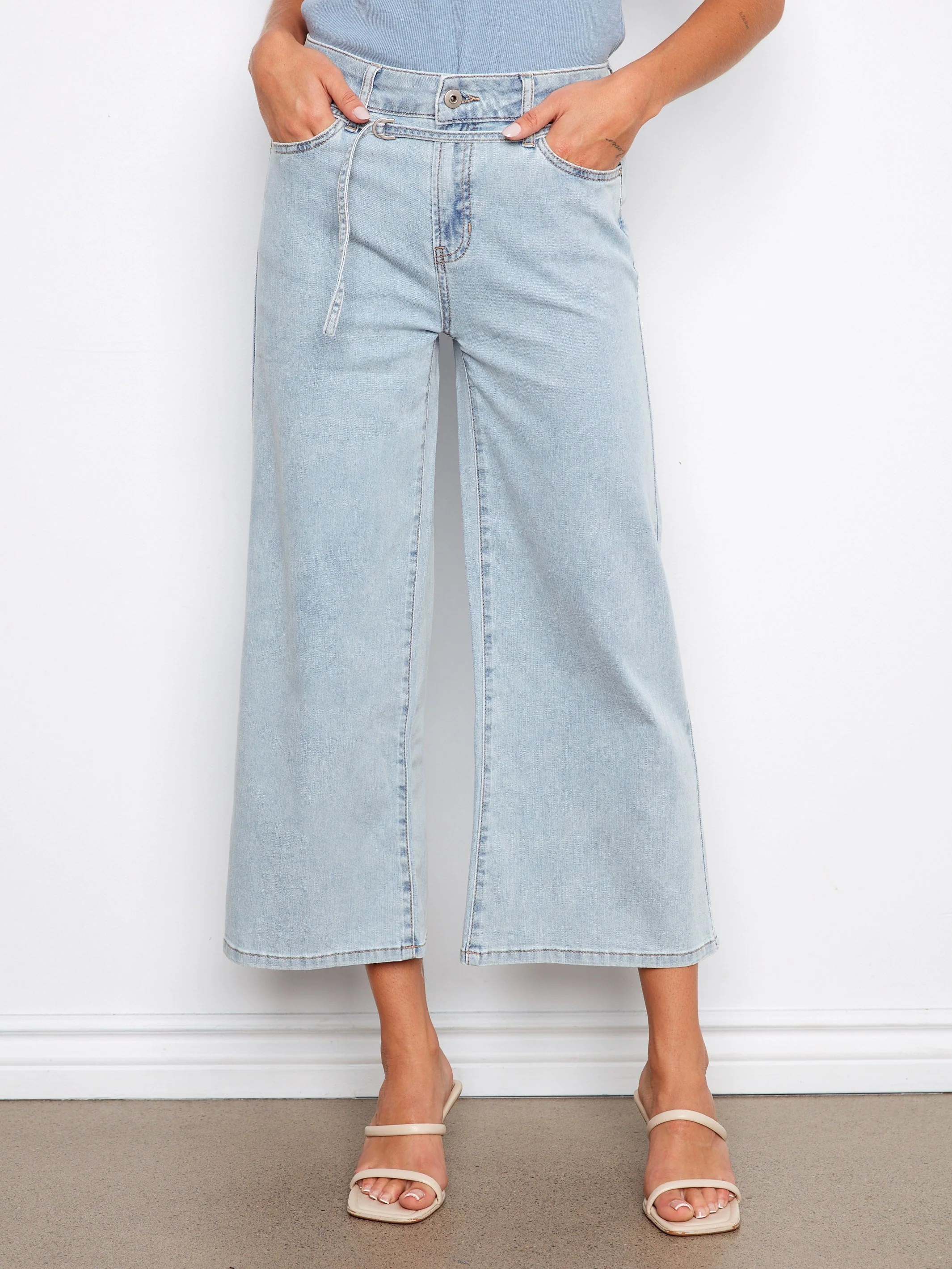 Belted Cropped Wide Leg Jeans - Bleach Blue