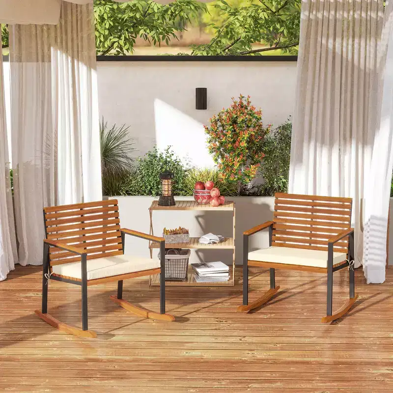 Outsunny Outdoor Rocking Chair Set of 2, Acacia Wood Outdoor Rockers with Armrests, Cushion, Cream White