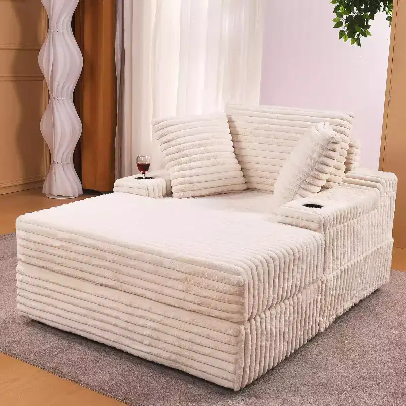 Oversized Chaise Lounge Chair Indoor with Storage Ottoman, Upholstered Corduroy Sofa Bed Cloud Couch with 3 Pillows, Single Sleeper Sofa Chair