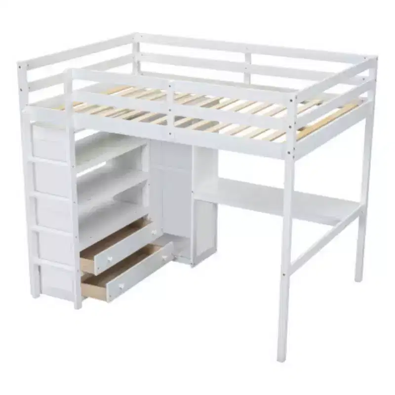White Wood Full Size Loft Bed with Built-in Wardrobe, Desk, Storage Shelves and Drawers.