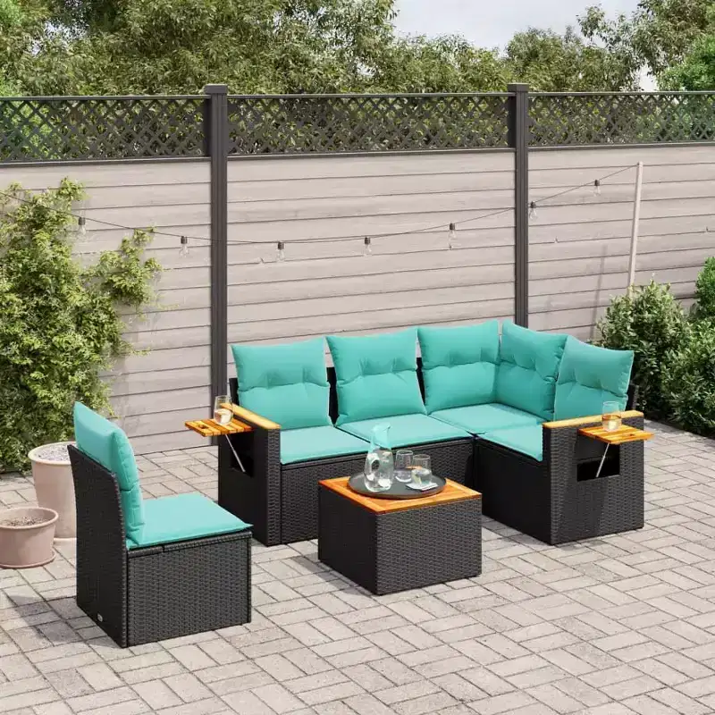 vidaXL 6 Piece Patio Sofa Set with Cushions Black Poly Rattan