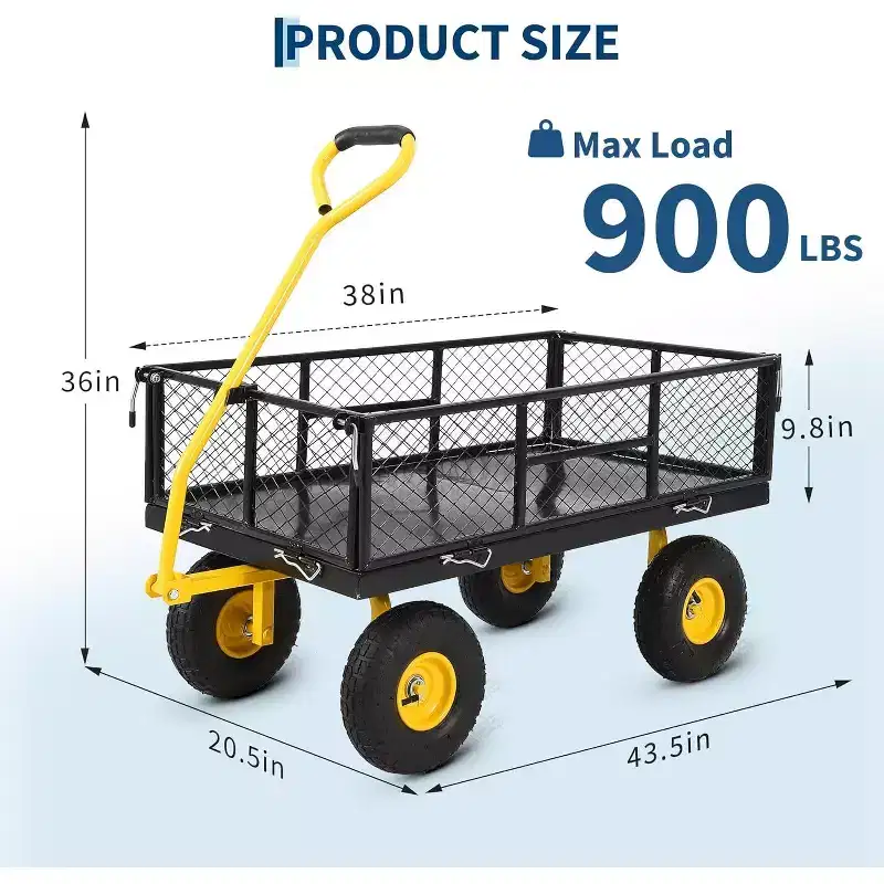 900 Lbs Heavy Duty Steel Garden Cart, Garden Wagon Cart on Wheels, Outdoor Metal Yard Utility Wagon Carts with and Mesh Removable Sides