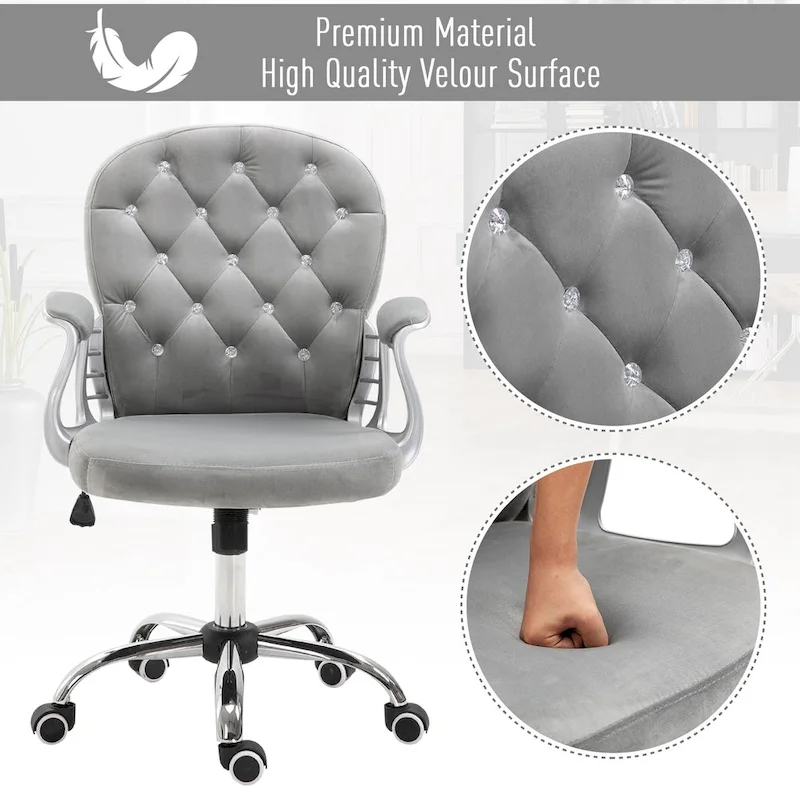 Vanity Middle Back Office Chair Tufted Backrest Swivel Rolling Wheels Task Chair with Height Adjustable Armrests