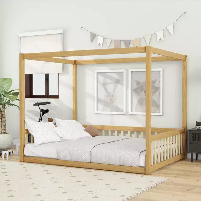 Clihome Full Size Canopy Frame Rubber Wood Floor Bed with Fence,Guardrails