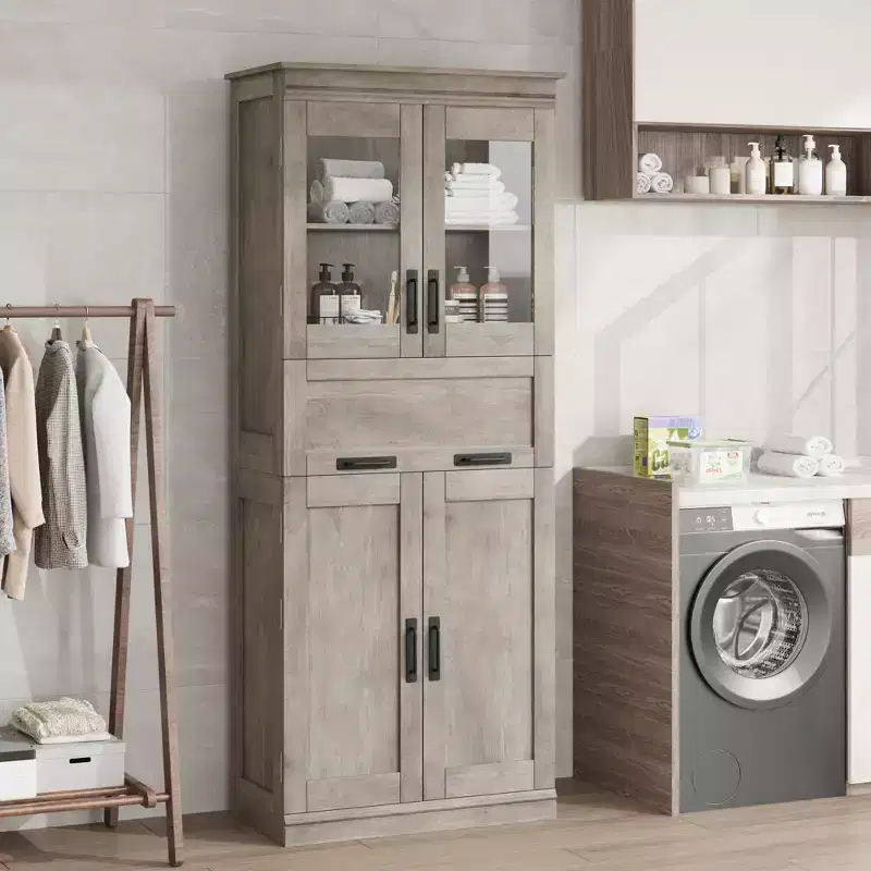 67 Tall Bathroom Cabinet, Double Door Line Bathroom Storage Cabinet with Drawer, Adjustable Shelves, for Bathroom Living Room Kitchen