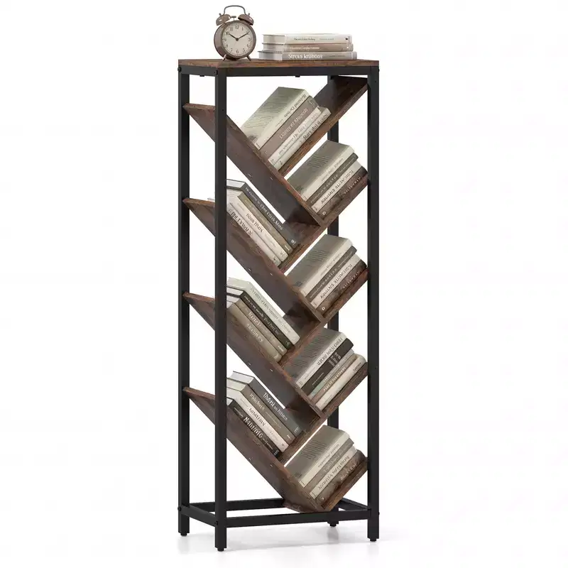 Costway Tree Bookshelf 9-Tier Freestanding Bookcase Corner Narrow Display Shelf for Home Rustic Brown & Black /White & Gold