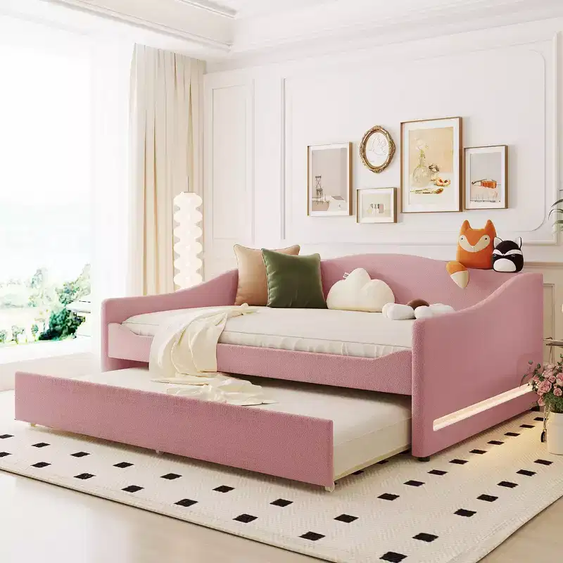 Bellemave Full Size Upholstered Daybed with Trundle, Teddy Fleece Frame, Tufted Sofa Bed with LED Light for Bedroom, Living Room, Guest, Pink