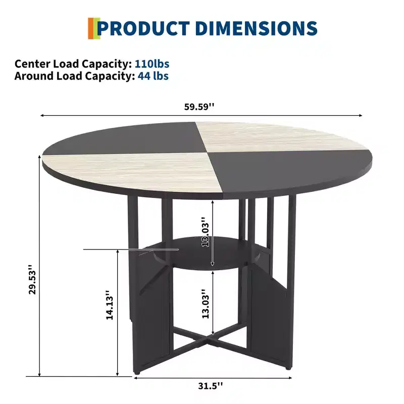 Round Dining Table for 4-6, 59 Kitchen Table with Storage Shelf, Circular Dinner Table with Base, Wooden Breakfast Table, No Chairs