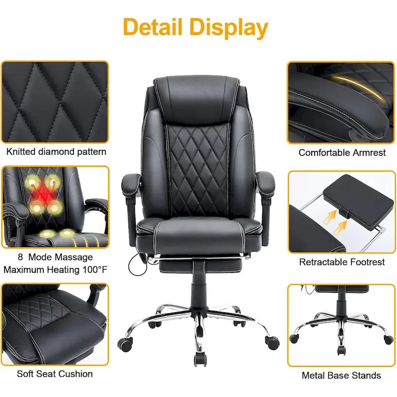 Ergonomic Heated Executive Office Chair, 2/4/6-Point Massage, Retractable Footrest, PU Leather