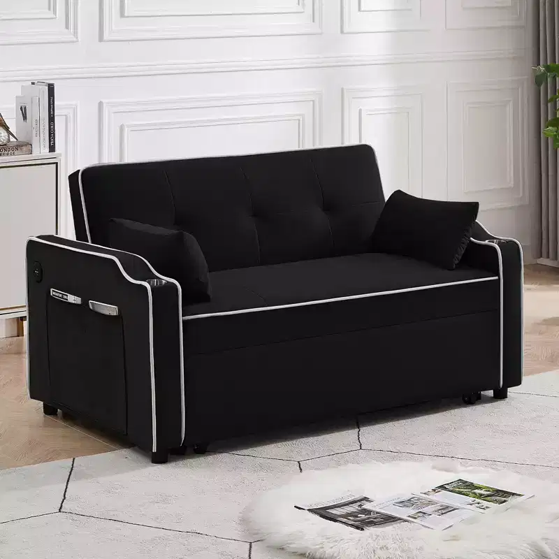 3-in-1 Velvet Sleeper Sofa Couch, Pullout Bed, Modern Convertible Velvet Pull Out Loveseat Futon Sofa, Adjustable Backrest and Pillows, Black