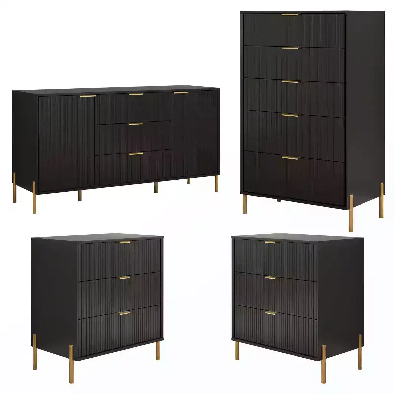 Festivo 4pc Modern Elegance Bedremm Chest and Dresser and 3 Drawer Nightstands Set Black