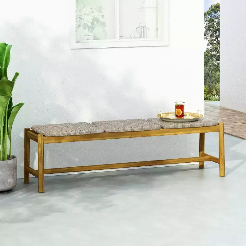 Cambria Outdoor 3 Seater Wicker Bench - Teak/Light Gray - Christopher Knight Home: UV & Water-Resistant, Iron Hardware