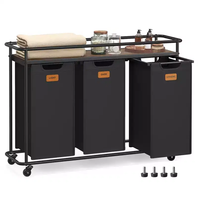Laundry Sorter with Wheels, 39.6 Gal Rolling Cart with 3 Removable Liners & 6 Labels, Top Shelf for Detergent, Portable Hamper, Ink Black