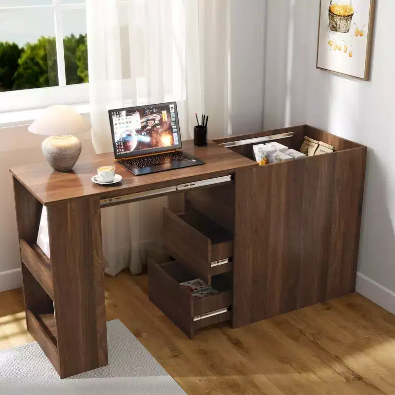 59.09IN Modern Standing Desk with Drawers, Corner Desk with Extendable Table, Adjustable Desk for Living Room, Study, Office, Walnut