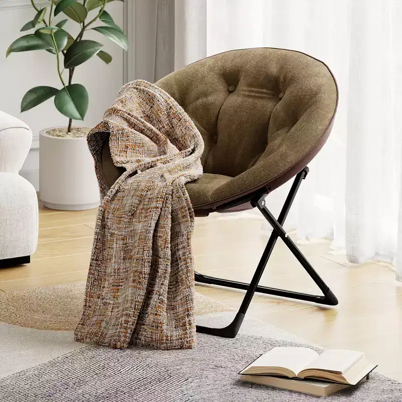 Saucer Chair, Faux Fur Circle Chair, Foldable Lounge Chair for Adults, Teens & Kids, Folding Moon/Mushroom/Round Style Comfy Accent Seat for Bedroom