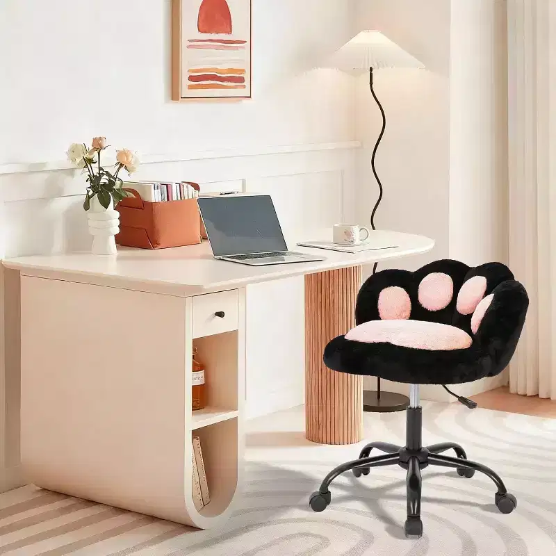 GustoWave Cat Paw Vanity Chair - Cute Armless Desk Chair with Wheels, 360 Rotating Teddy Fabric Computer Chair for Kids Room, Office & Bedroom