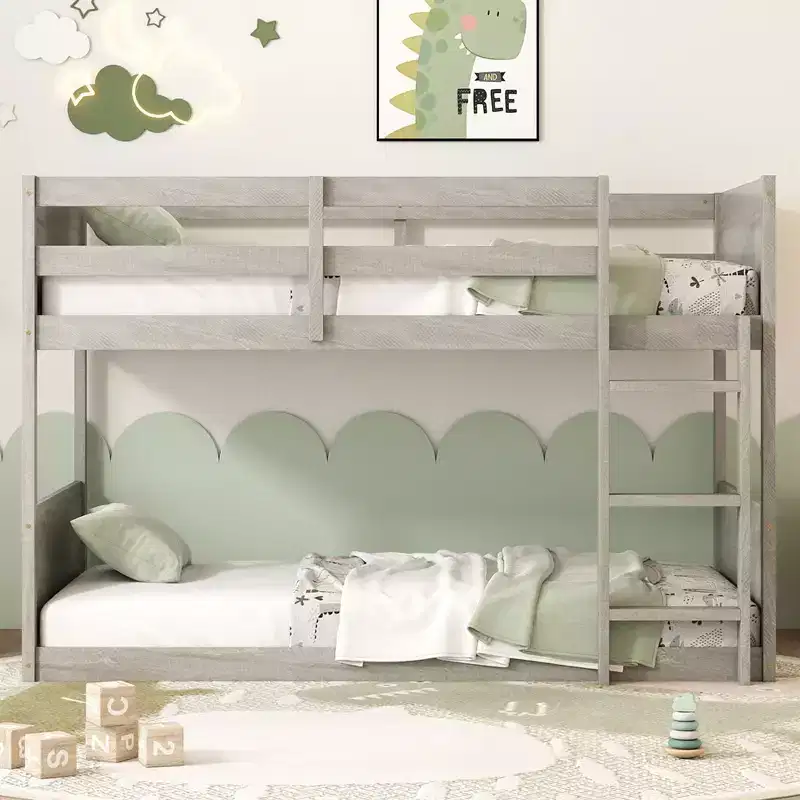 Twin over Twin Floor Bunk Bed with Panelled Headboard and Footboard