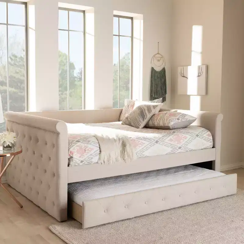 Upholstered Daybed with Trundle - Scrolled Arms & Button Tufting