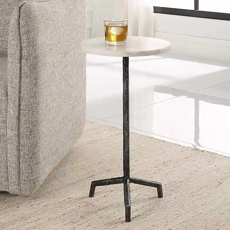 White Marble Drink Table with Iron Base - 12 W x 23.5 H x 12 D (in)