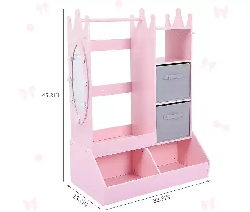 Kids Dress Up Storage with Mirror, Pink Wardrobe Closet & Dresser with Mirror, Costume Organizer with Shelves and Jewelry Cabinet Kids Dressers