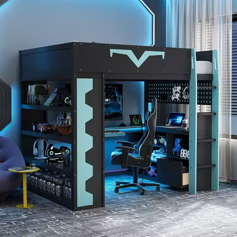 Whisen Full Size Gaming Loft Bed with Desk, Large Bookshelf, Pegboard, Keyboard Tray & Storage Drawer