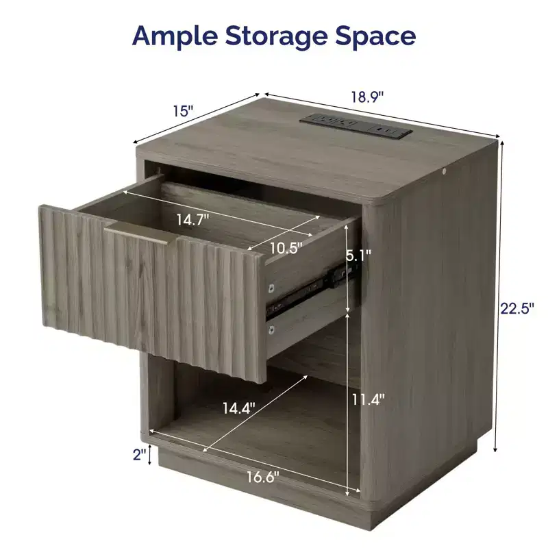 Gray 1-Drawer Nightstand with Lower Shelf for 1