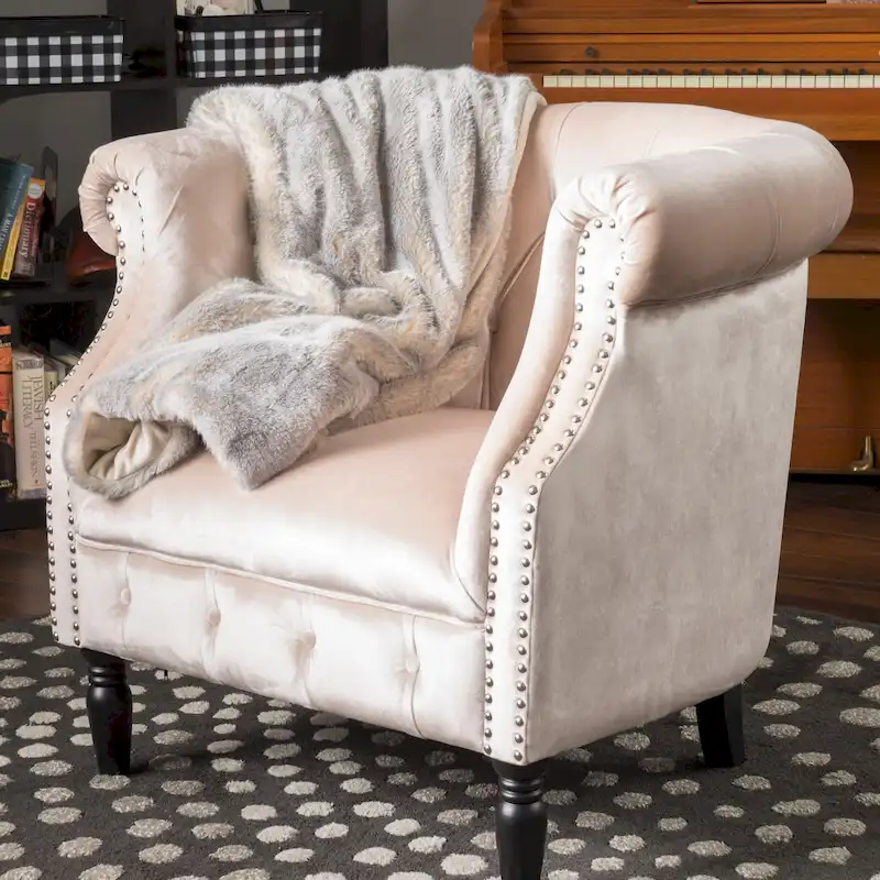 Velvet Club Chair – Tufted Arms, Nailhead Trim & Birch Wood Legs