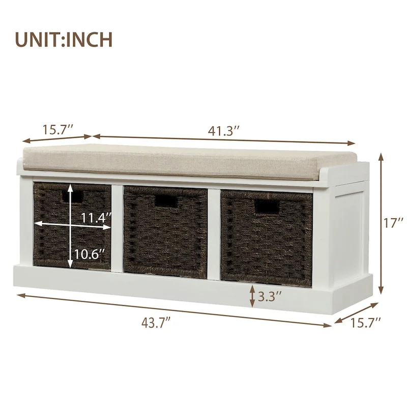 Entryway Bench with 3 Removable Rattan Baskets