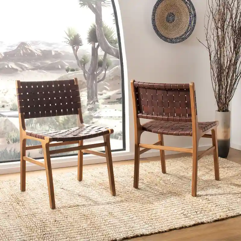 Woven Leather Dining Chair - Cognac / Natural - 20Wx22Dx33H