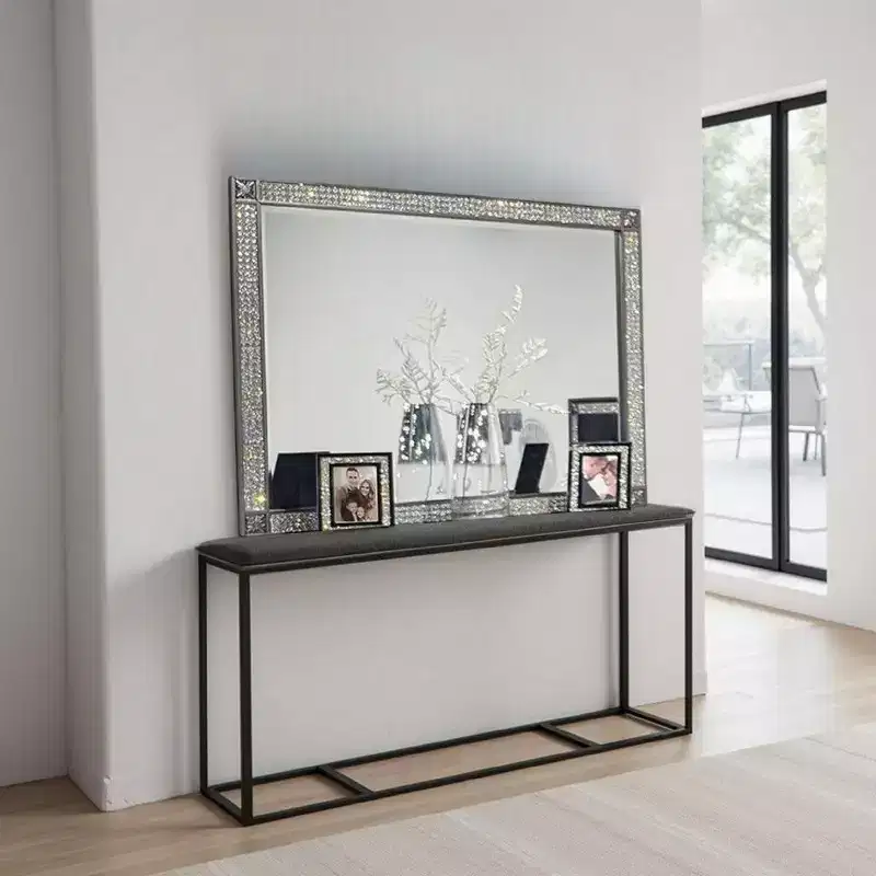 Dresser Mirror, Crystal Trim Frame, 46 Inch Gray Solid Wood