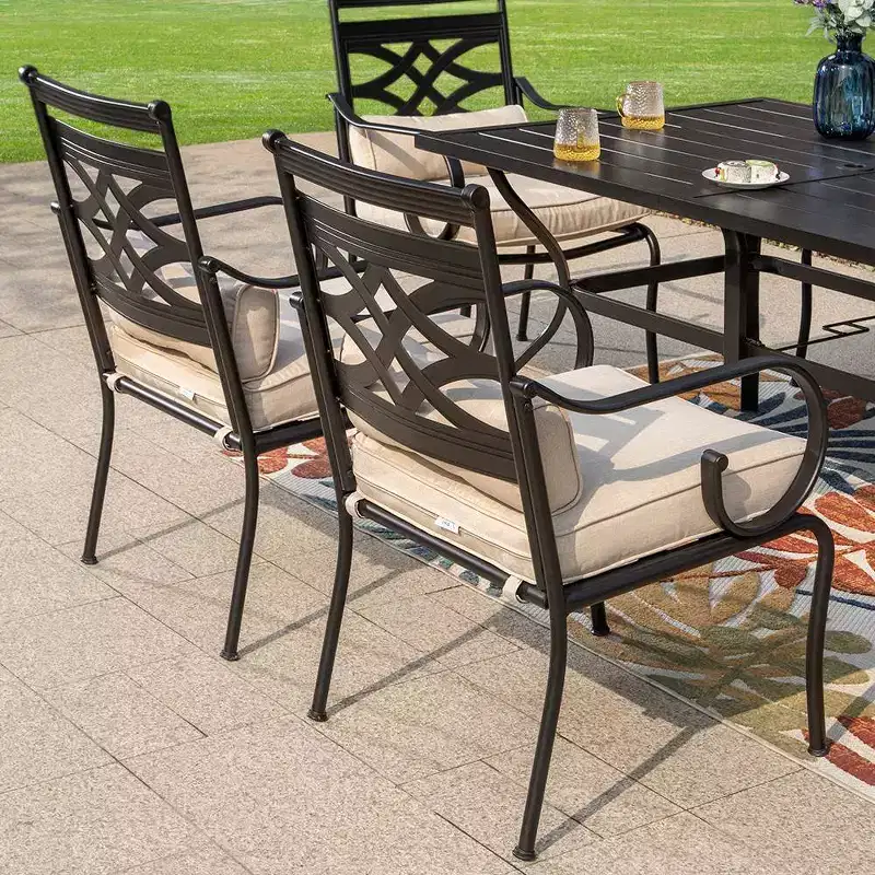 7pc Outdoor Dining Set with Chairs with Seat & Back Cushions & Metal Table with Umbrella Hole