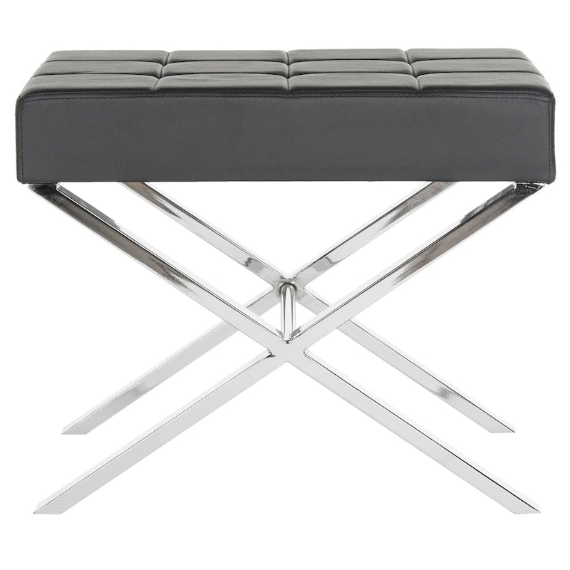 Modern Tufted Leather Ottoman with X-Frame Chrome Base
