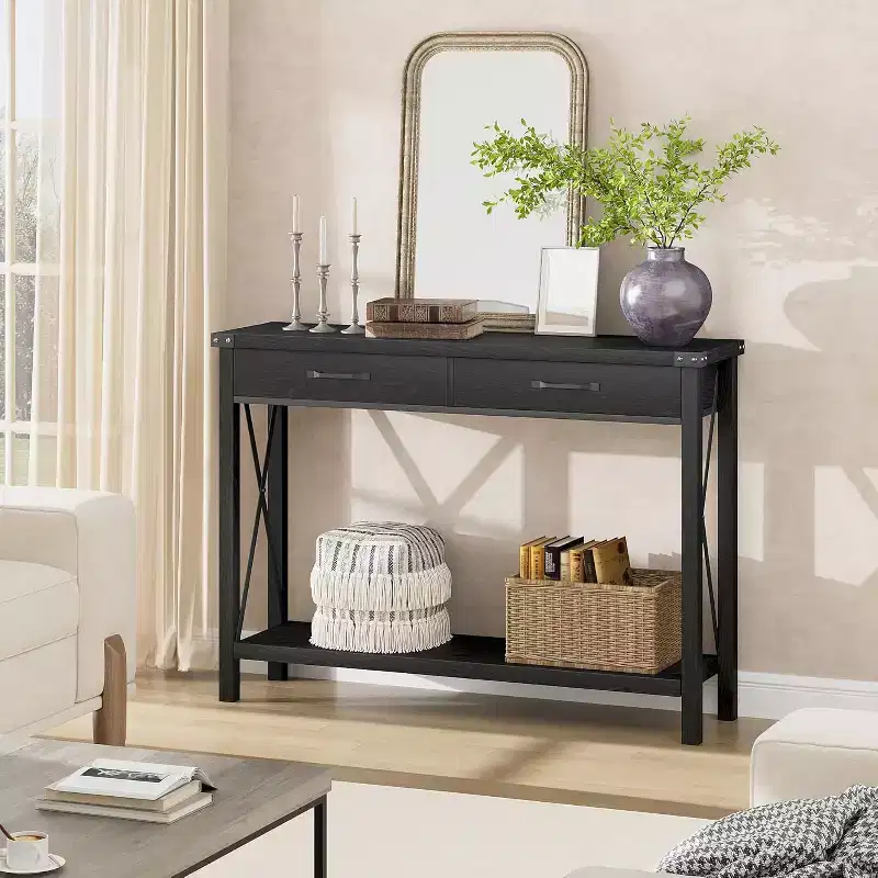 Black Farmhouse Console Table with 2 Drawers & Bottom Shelf, 1-Piece