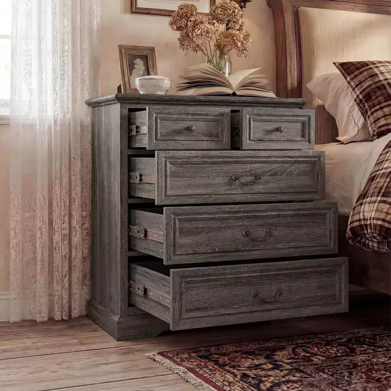 Farmhouse 5-Drawer Nightstand Bedside Table Chest Dresser with Antique Bronze Knobs, Distressed Finish