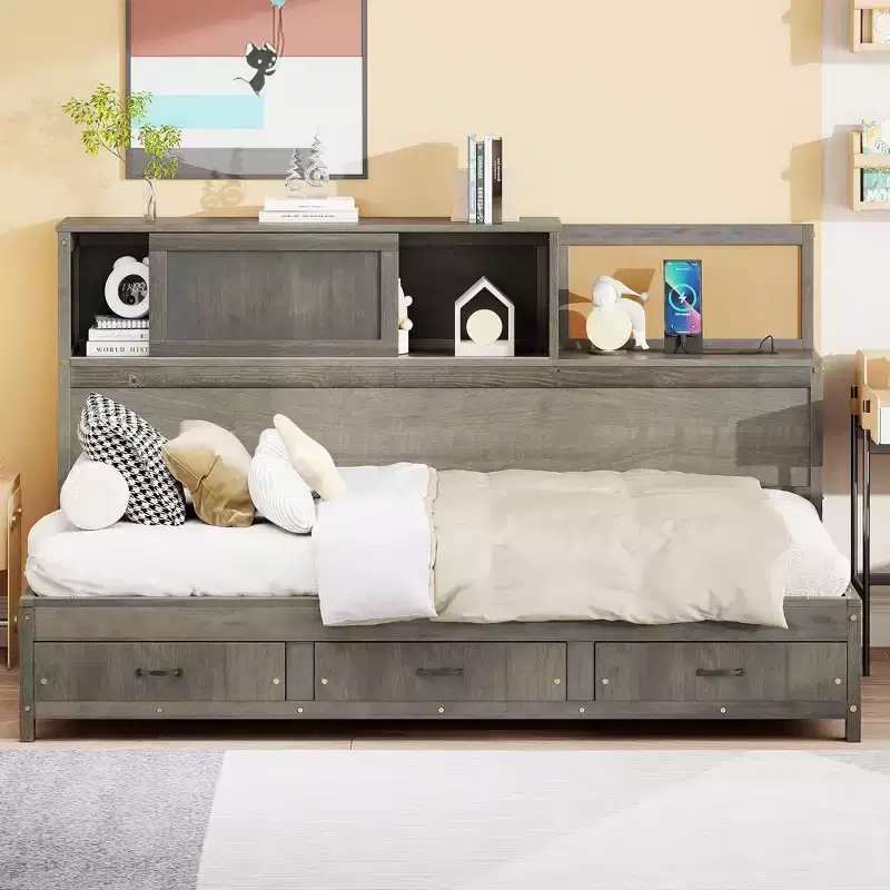 Twin Size Natural Design Daybed with 3 Drawers & Storage HeadBoard, Solid Wood Platform Bed Frame for Teens, Adults