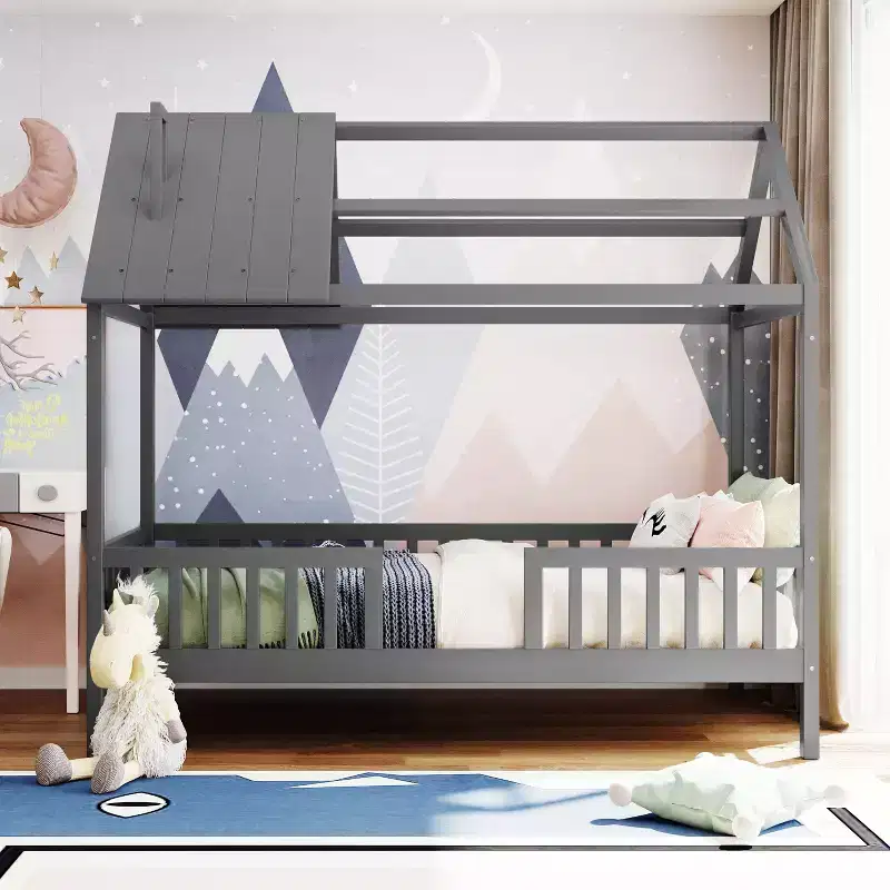 Okak Twin Size Solid Wood House Bed Frame with Proof & Fence,Cute Platform Bed for Kids Room,Bedroom
